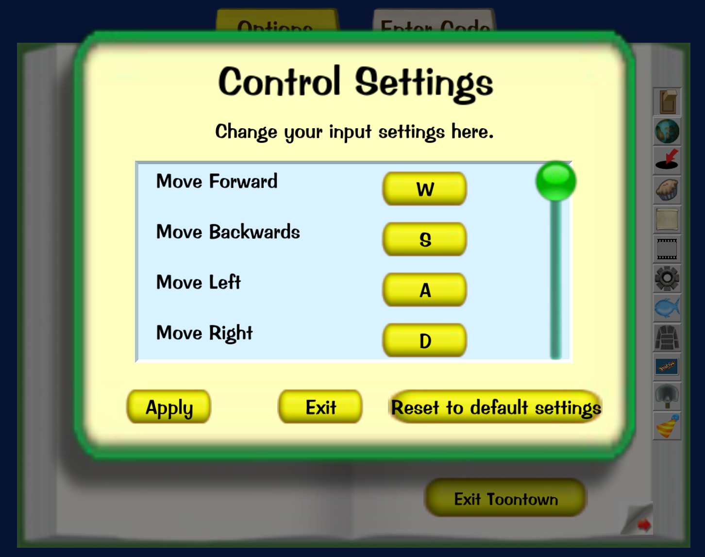 A screenshot of Control Settings, showcasing movement keys set to W A S D.