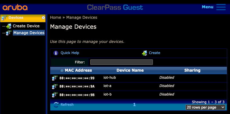 A screenshot of Aruba ClearPass Guest with 3 devices added via MAC Address.