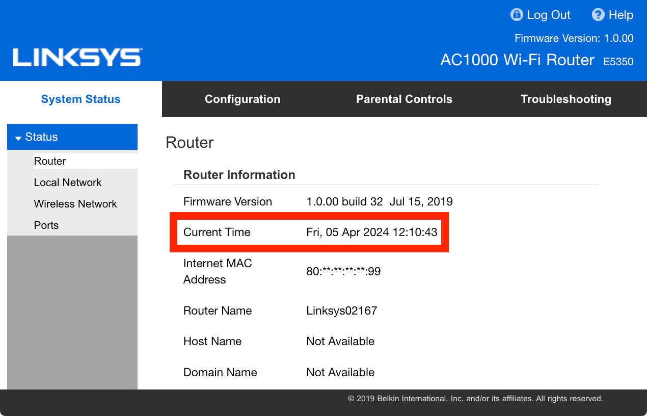 A screenshot of Linksys Router Information with the Current Time set to 2024.