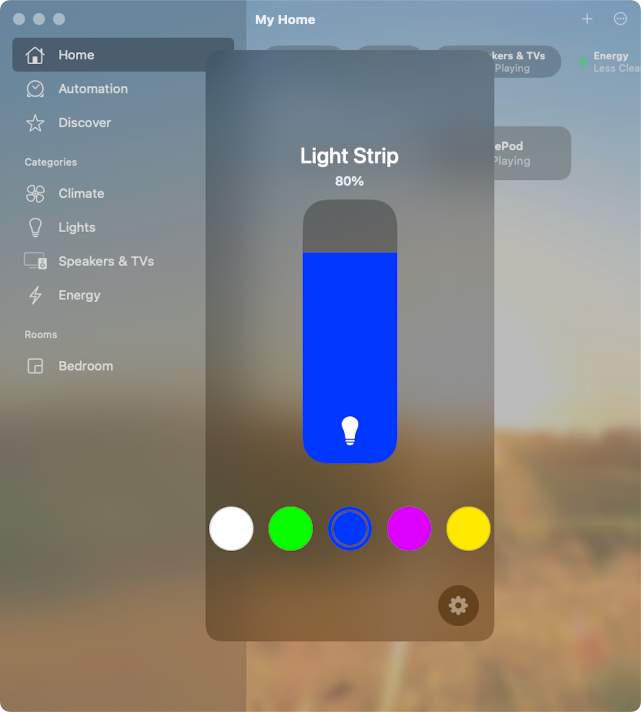 A screenshot of Light Strip Panel in the Home App, set to Blue, 80% on macOS.