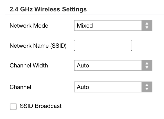 A screenshot of 2.4 GHz Wireless Settings with SSID Broadcast unchecked.