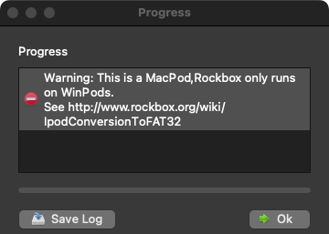 An error message from Rockbox saying "Rockbox only runs on WinPods [windows formatted iPods]
