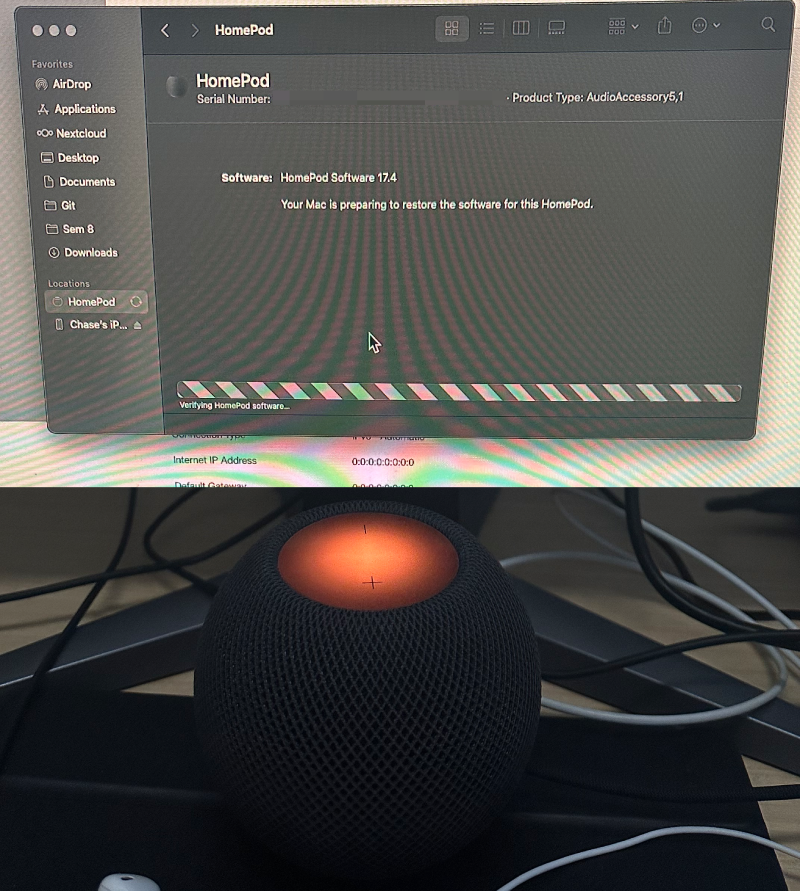 A picture of a HomePod glowing orange and a macOS Finder window restoring the HomePod.